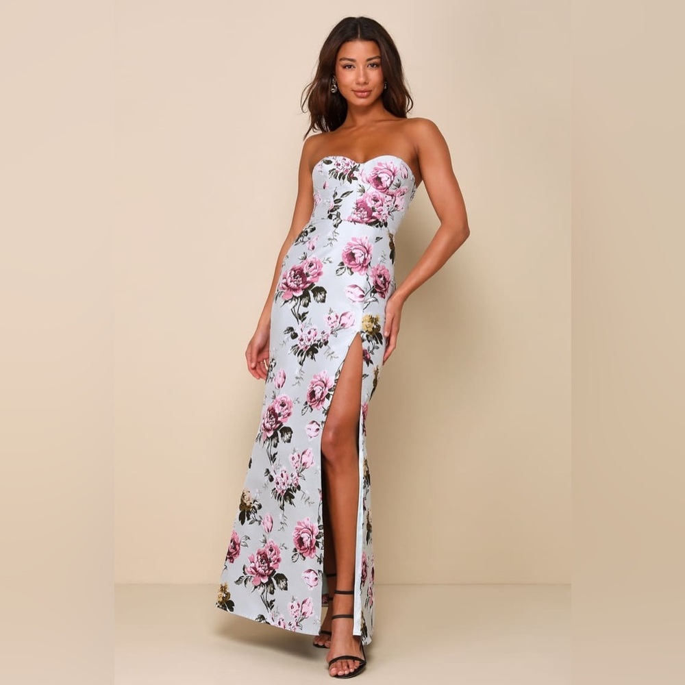 Lulu's Light Blue Strapless Floral Slit Maxi Dress